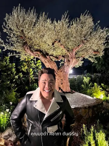 Moddam Kachapa Tancharoen poses beside a brightly lit olive tree.